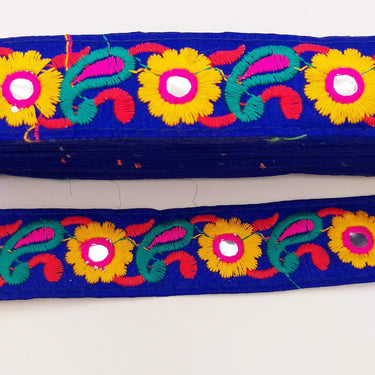 Royal Blue Floral Mirrored Trim With Yellow Flowers And Green Paisley Embroidery, Decorative Trimming, Trim By 3 Yards